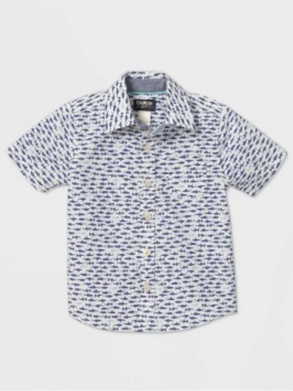 OshKosh B'gosh|White and Blue DitsyShark-Print Button-Down Shirt with collar•NWT